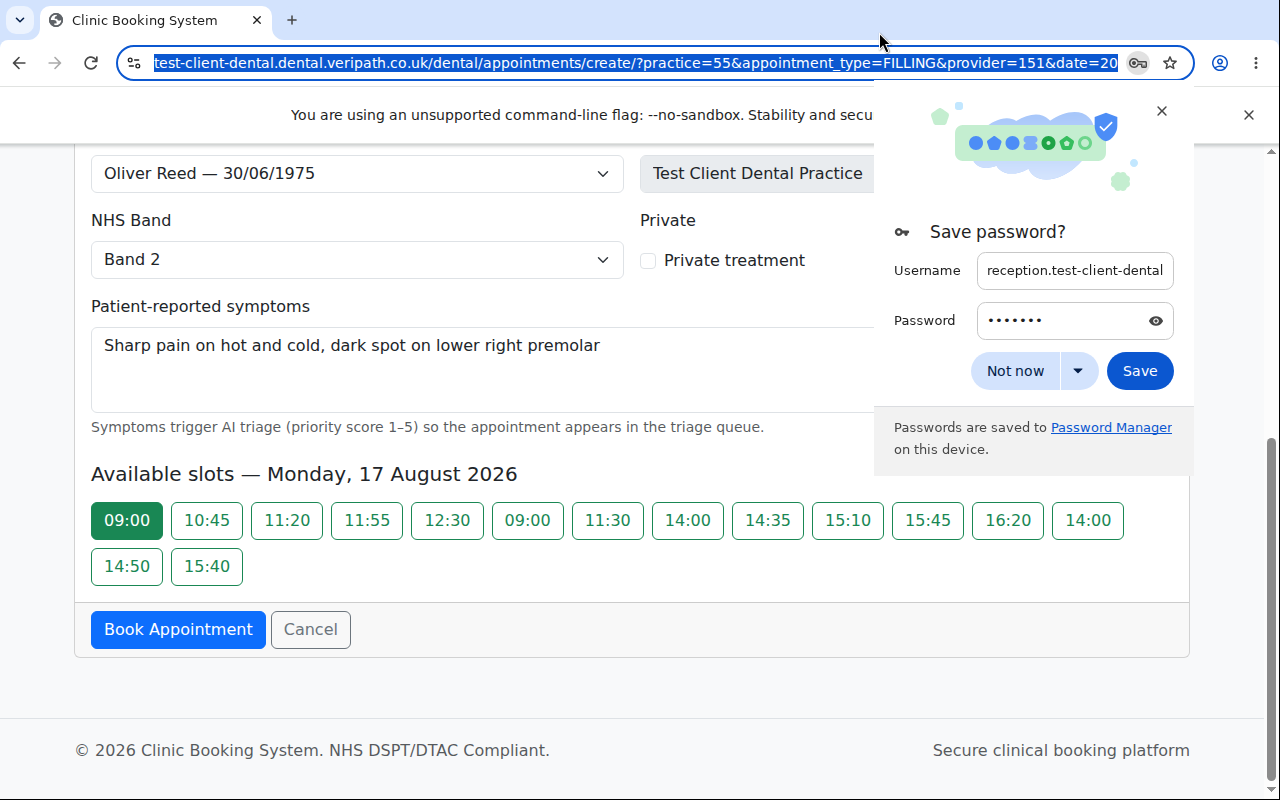 Filled booking form