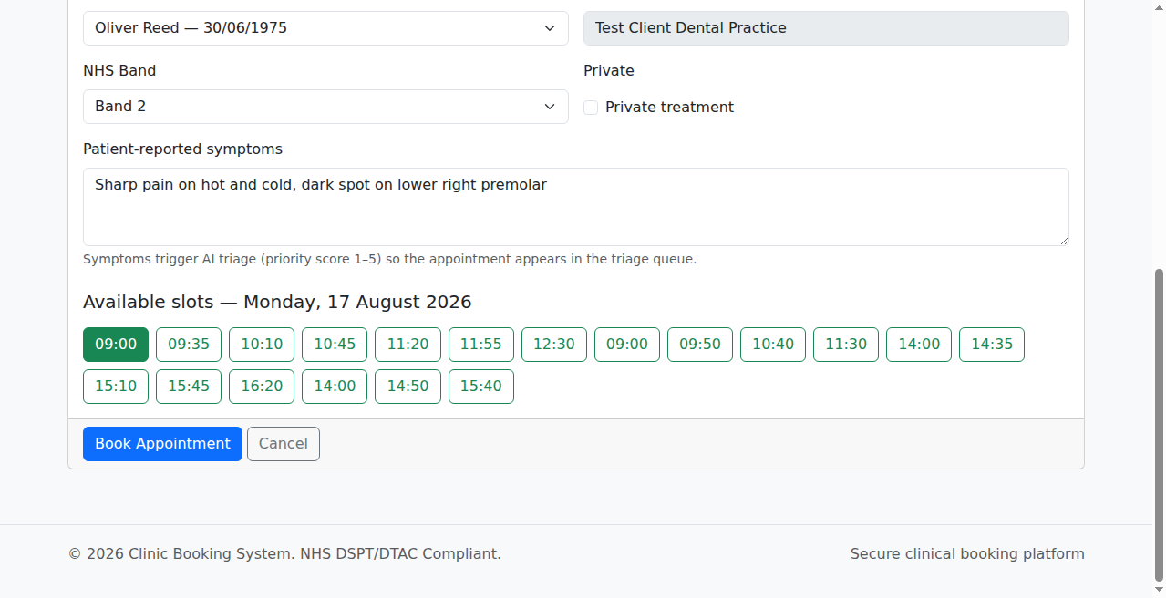 Book Appointment form with symptoms typed in