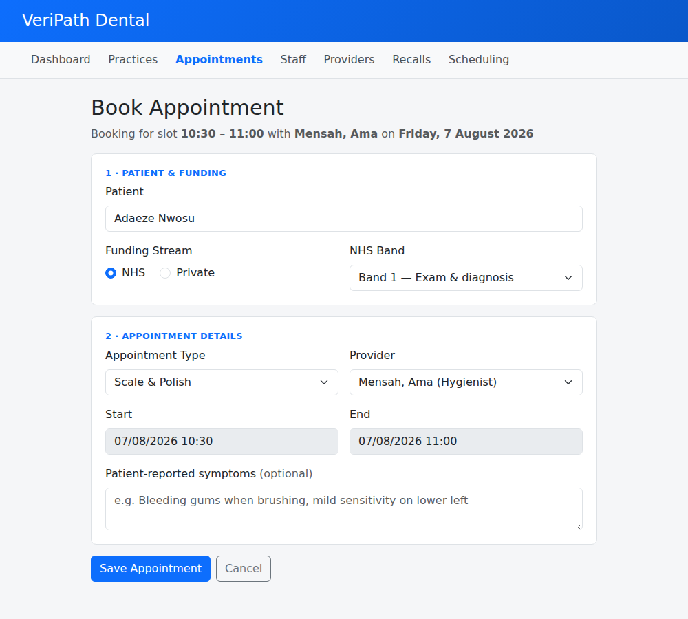 Book Appointment form with patient, funding, and appointment details