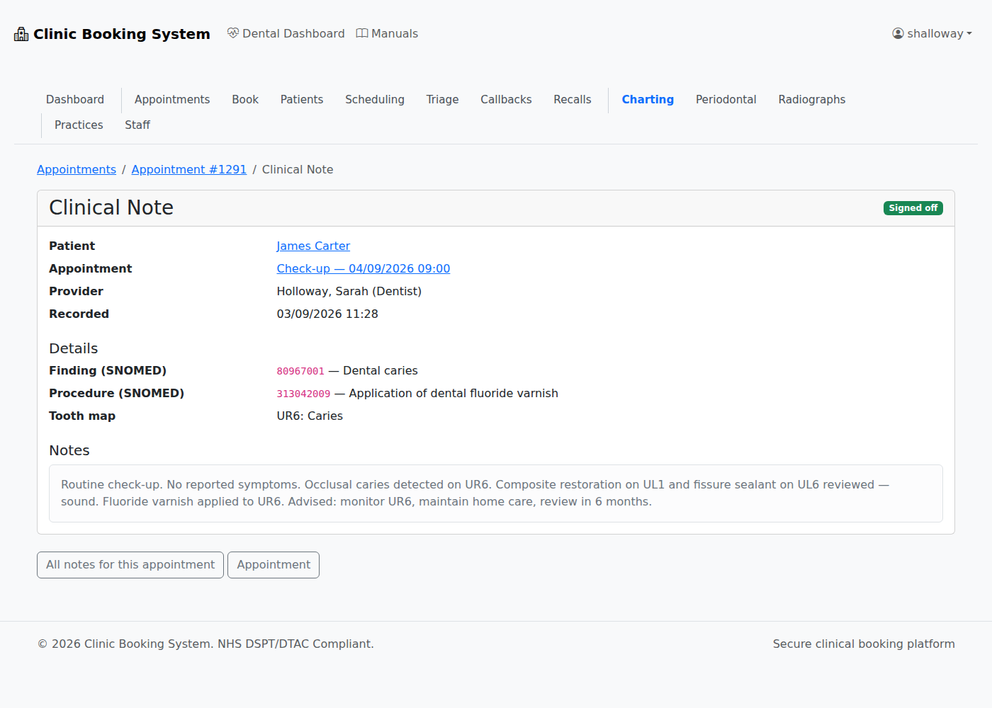 The note detail page shows the full record to clinical staff — codes, tooth map and narrative