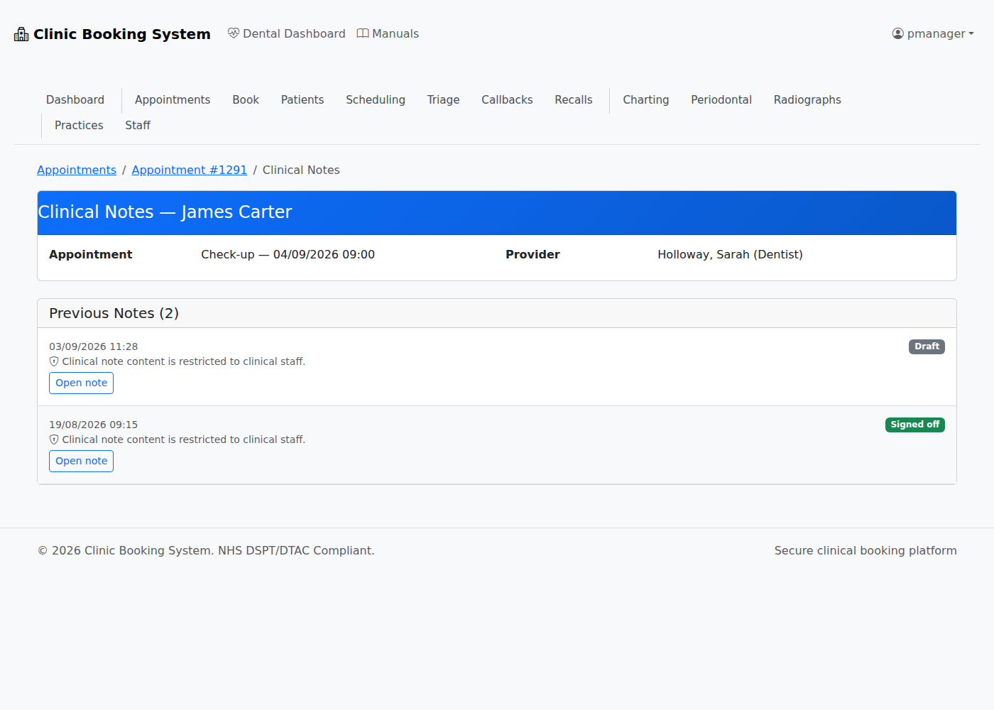 A practice manager sees note metadata only — no form, and content restricted
