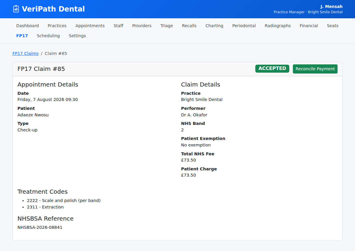 Accepted FP17 claim with Reconcile Payment in VeriPath Dental