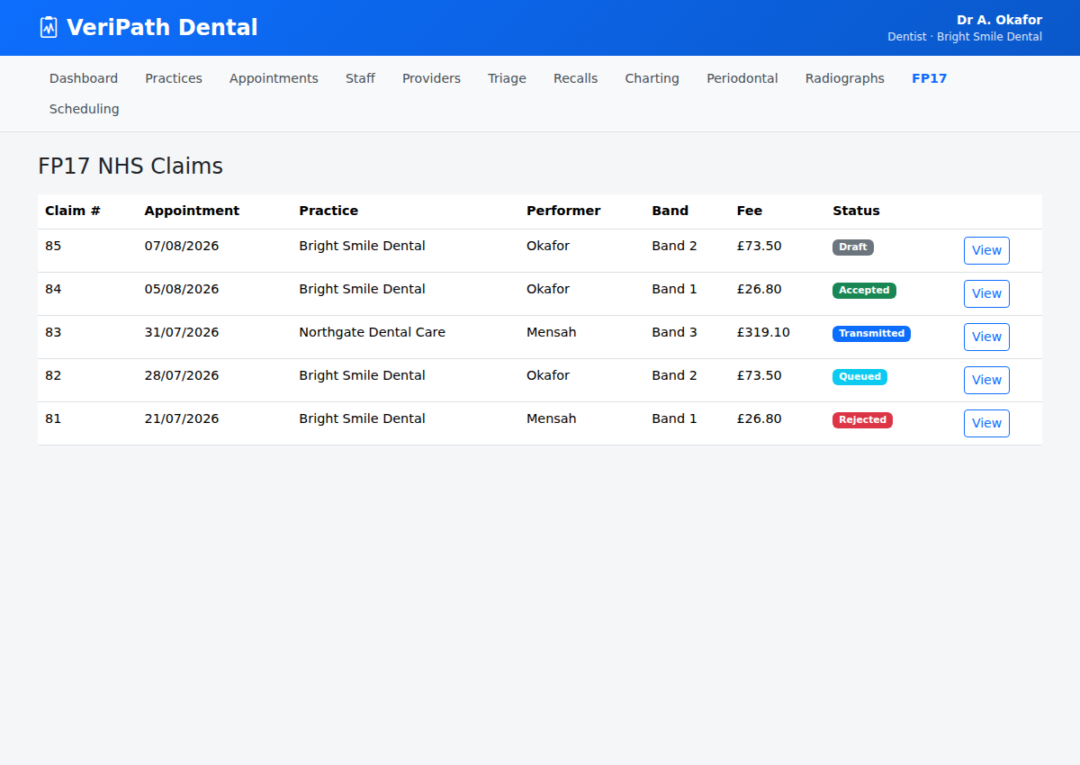 FP17 NHS Claims list in VeriPath Dental