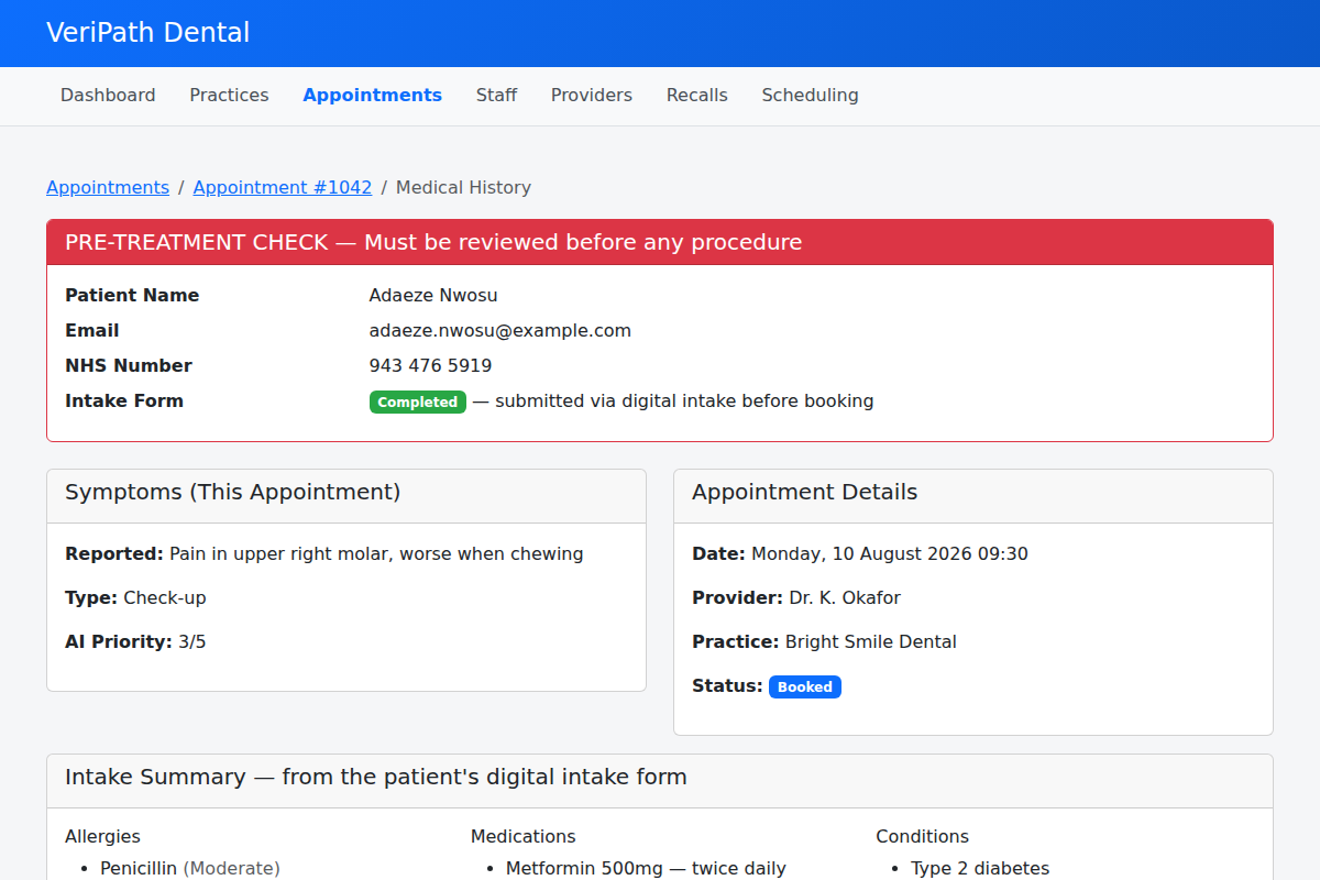 Medical History pre-treatment check showing the patient's intake summary