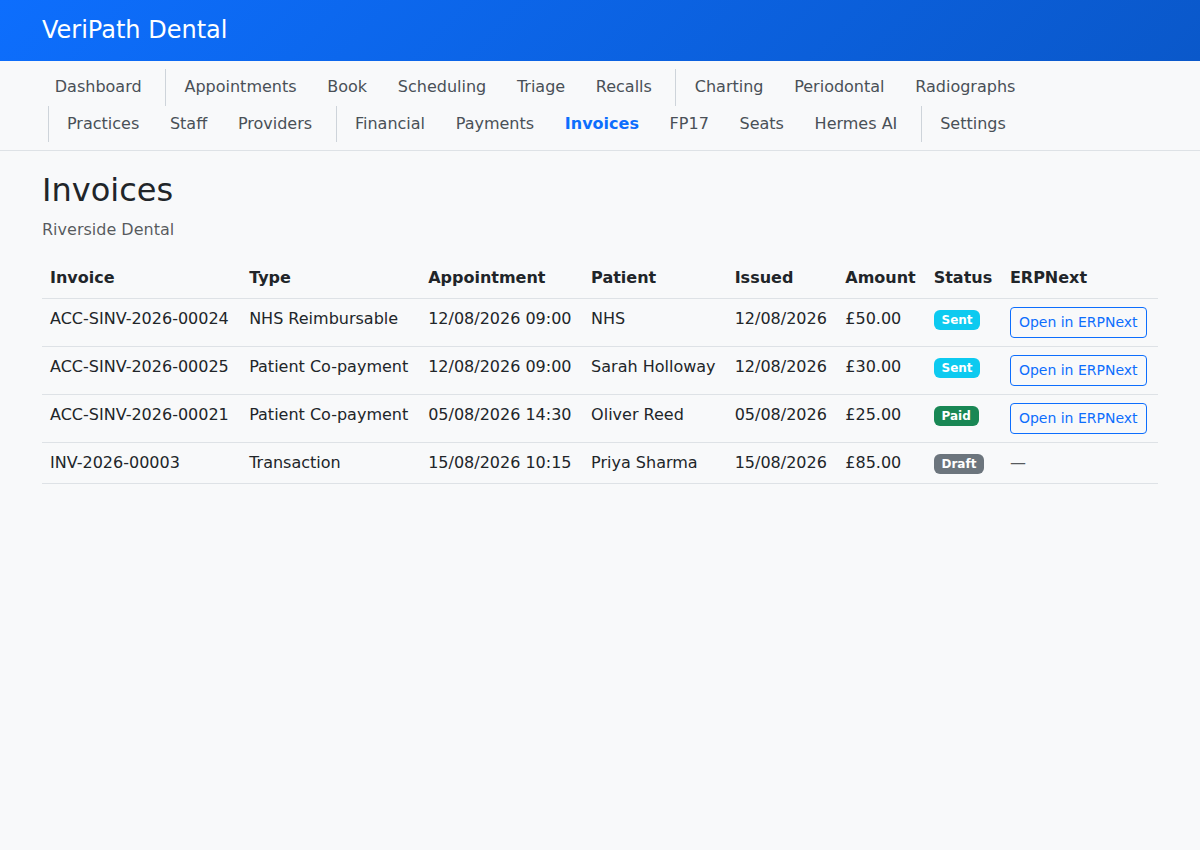Invoices list in VeriPath Dental