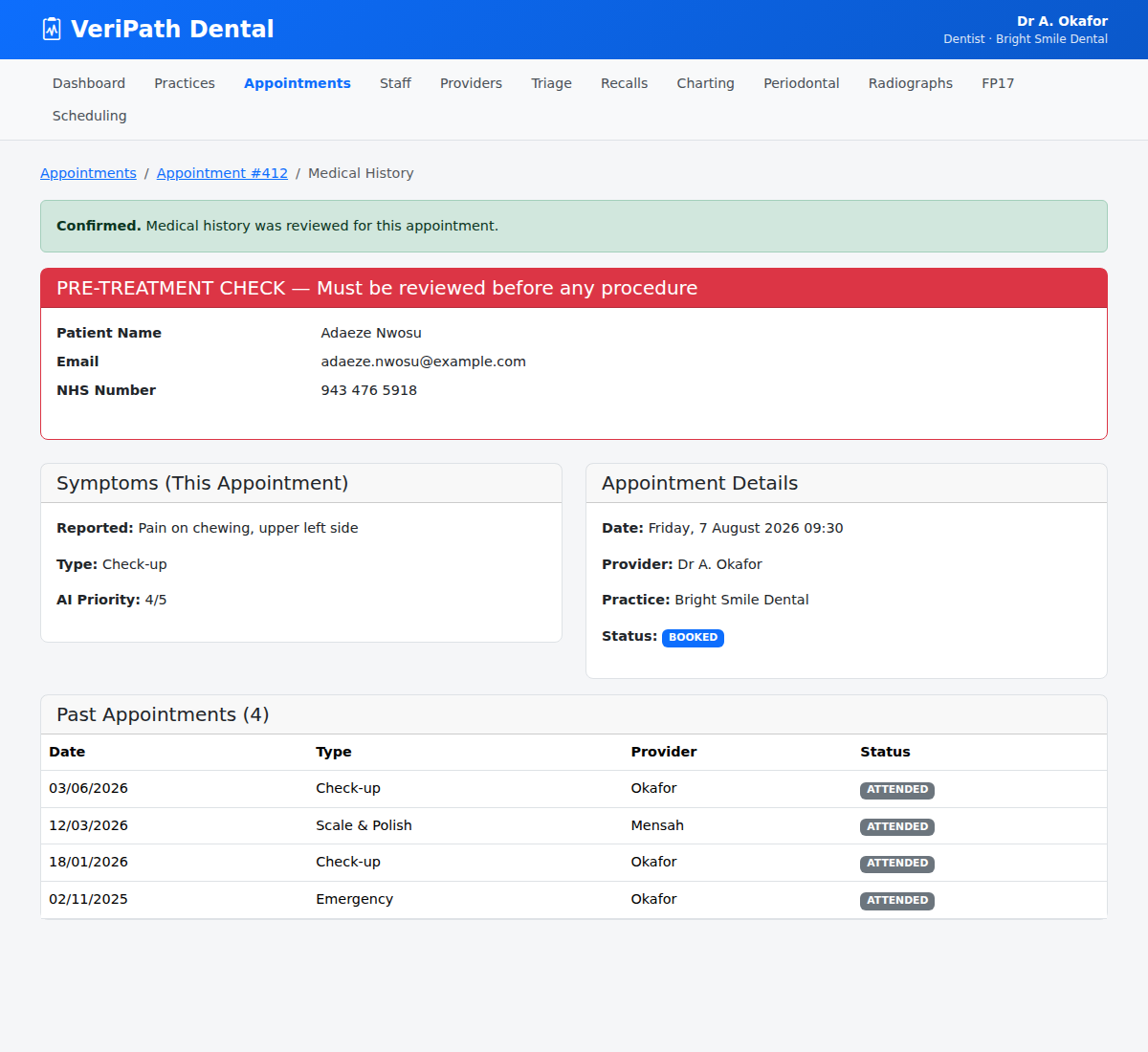 Medical History confirmed in VeriPath Dental