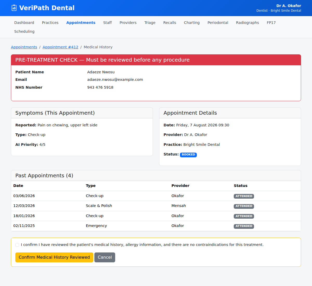 Medical History pre-treatment check in VeriPath Dental