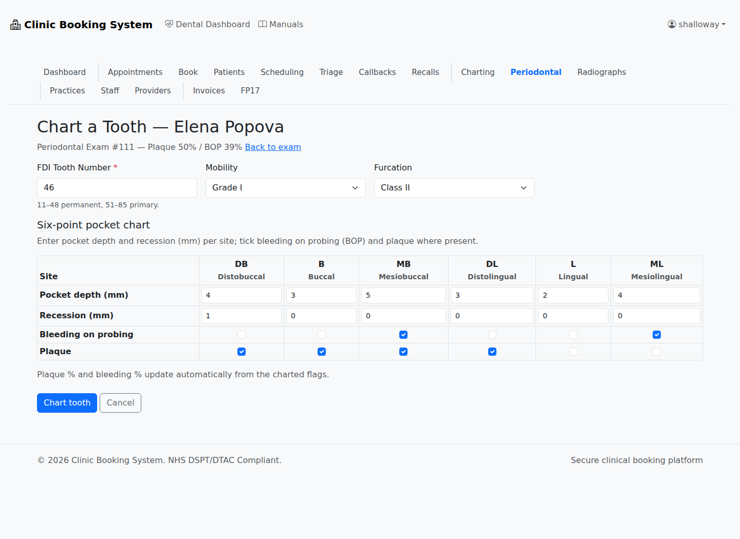 Chart a Tooth — the six-point entry grid in VeriPath Dental