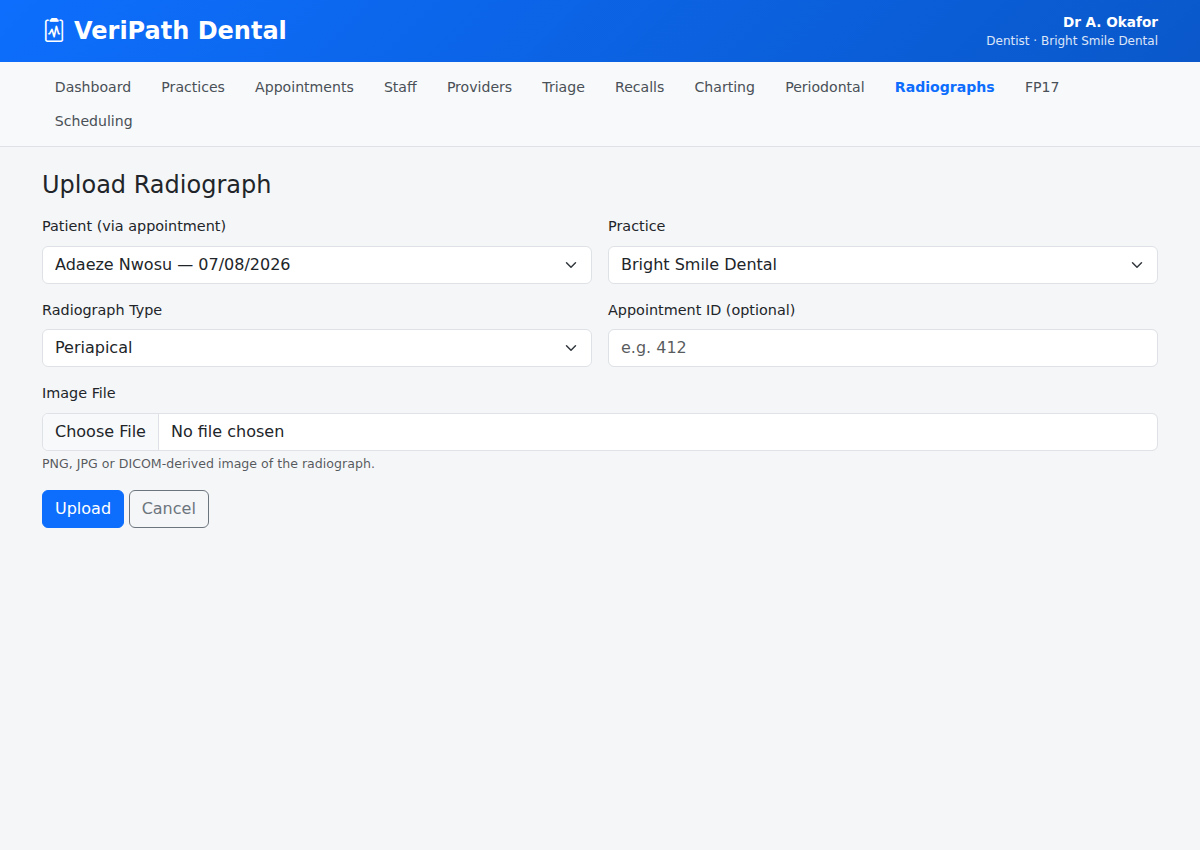 Upload Radiograph form in VeriPath Dental