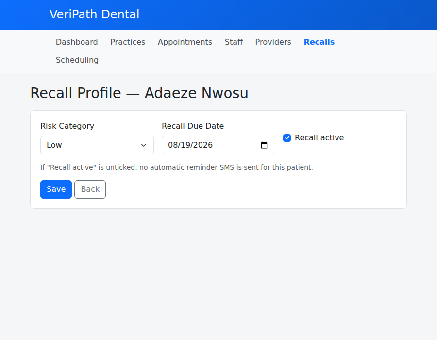 Recall profile with risk category, due date, and recall active toggle
