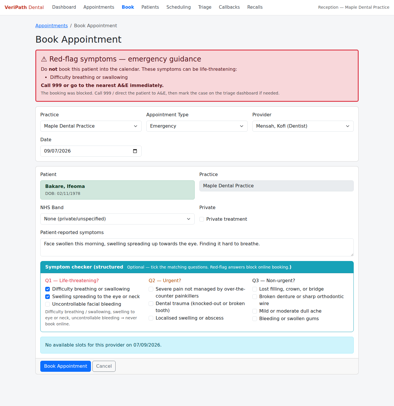 VeriPath Dental — red-flag hard stop with emergency guidance