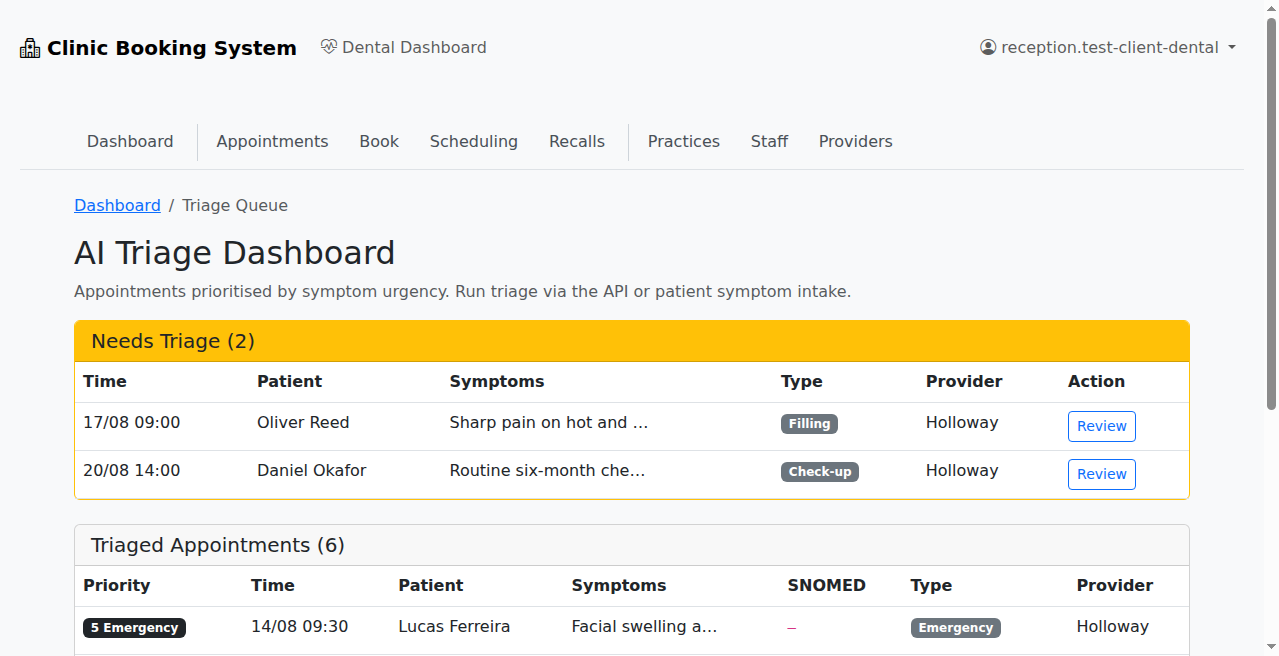 AI Triage Dashboard showing the triage queue