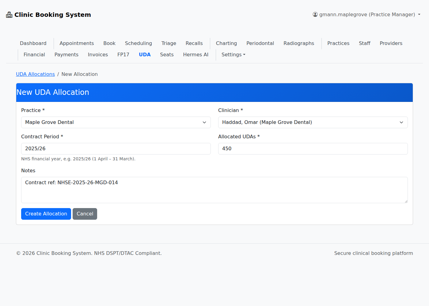 New UDA Allocation form in VeriPath Dental