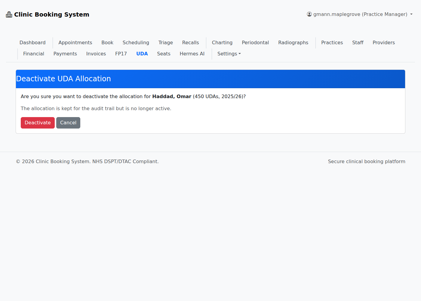 Deactivate UDA Allocation confirmation in VeriPath Dental