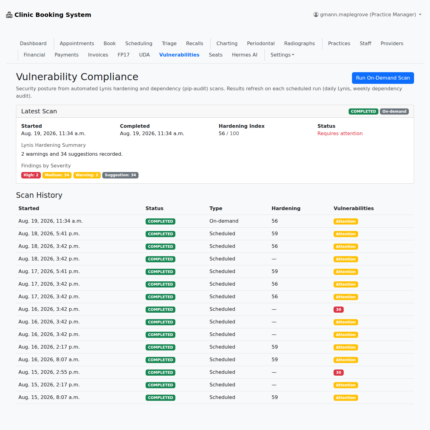 Vulnerability Compliance page in VeriPath Dental
