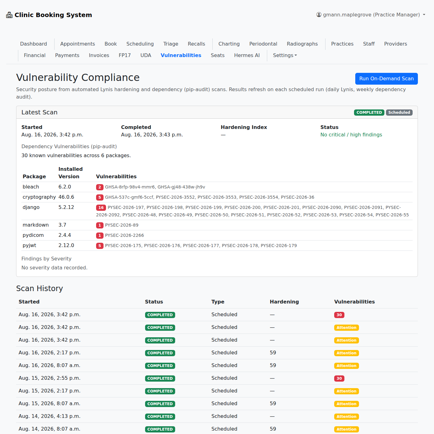 Weekly dependency audit results on the Vulnerability Compliance page