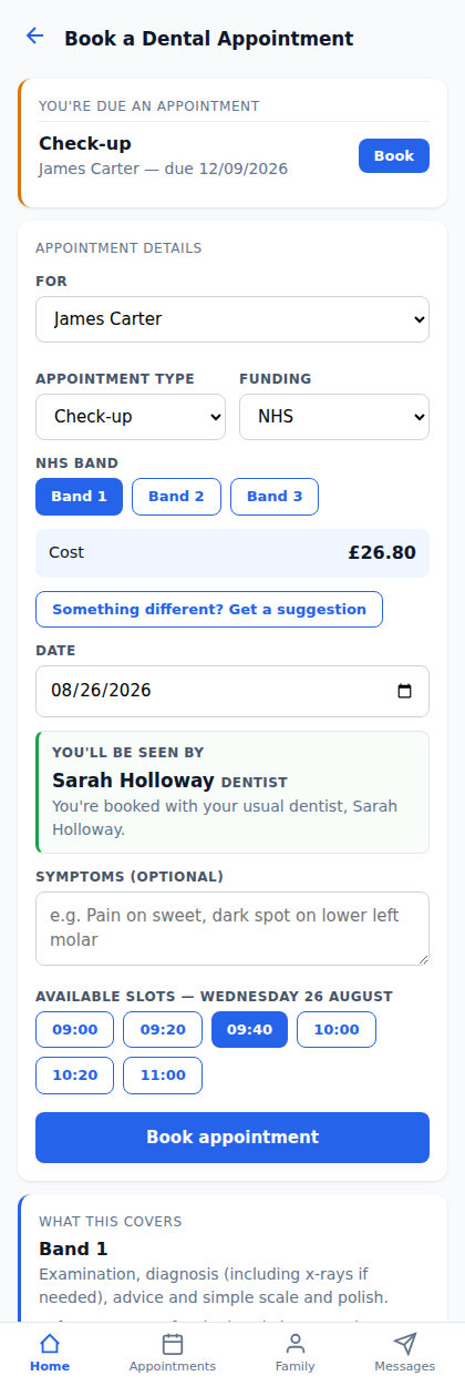 Dental PWA booking screen