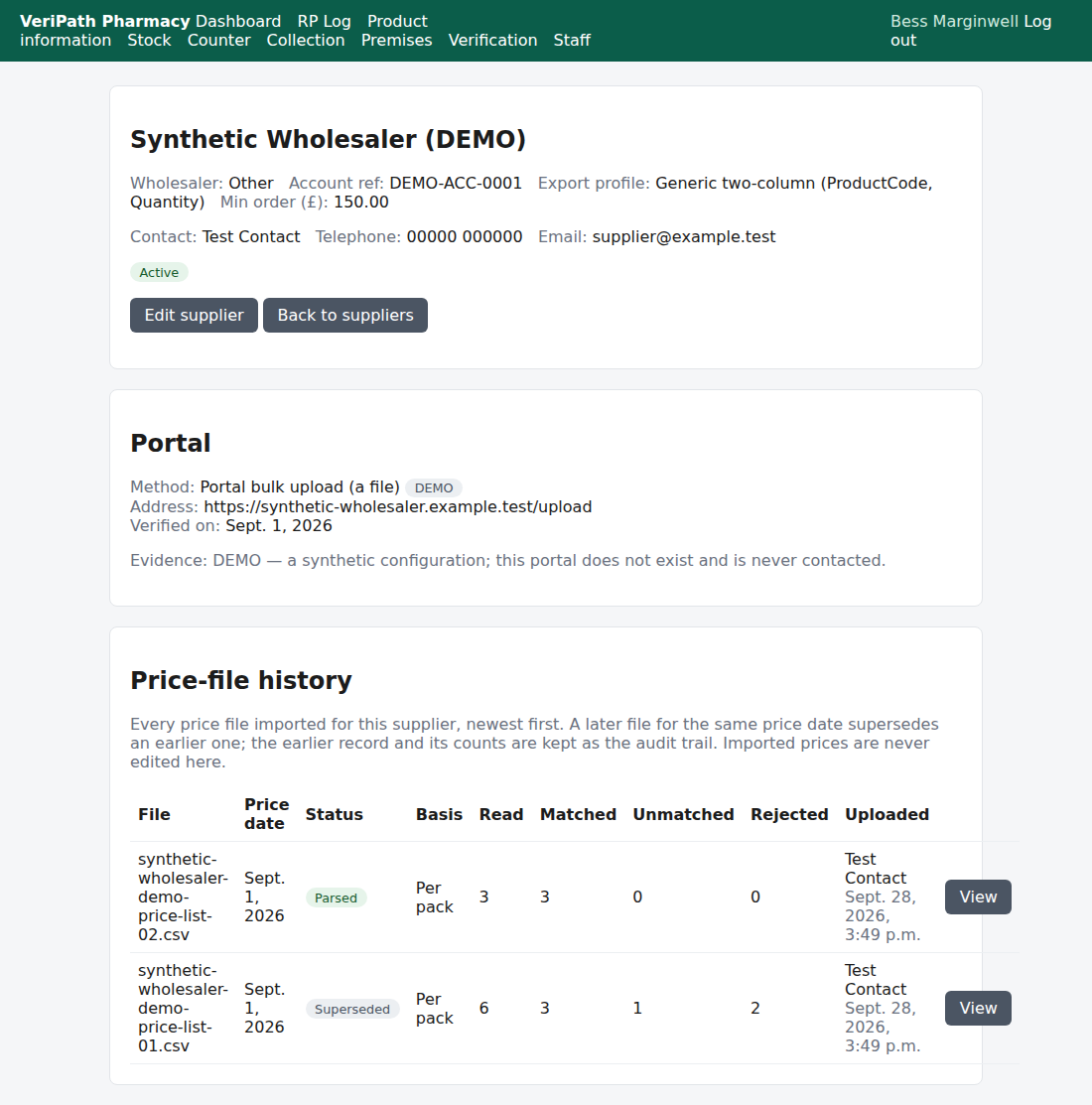 A supplier whose portal record is complete, and marked DEMO
