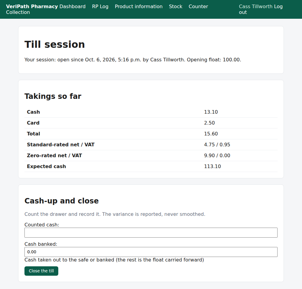 The till screen with the day's takings so far