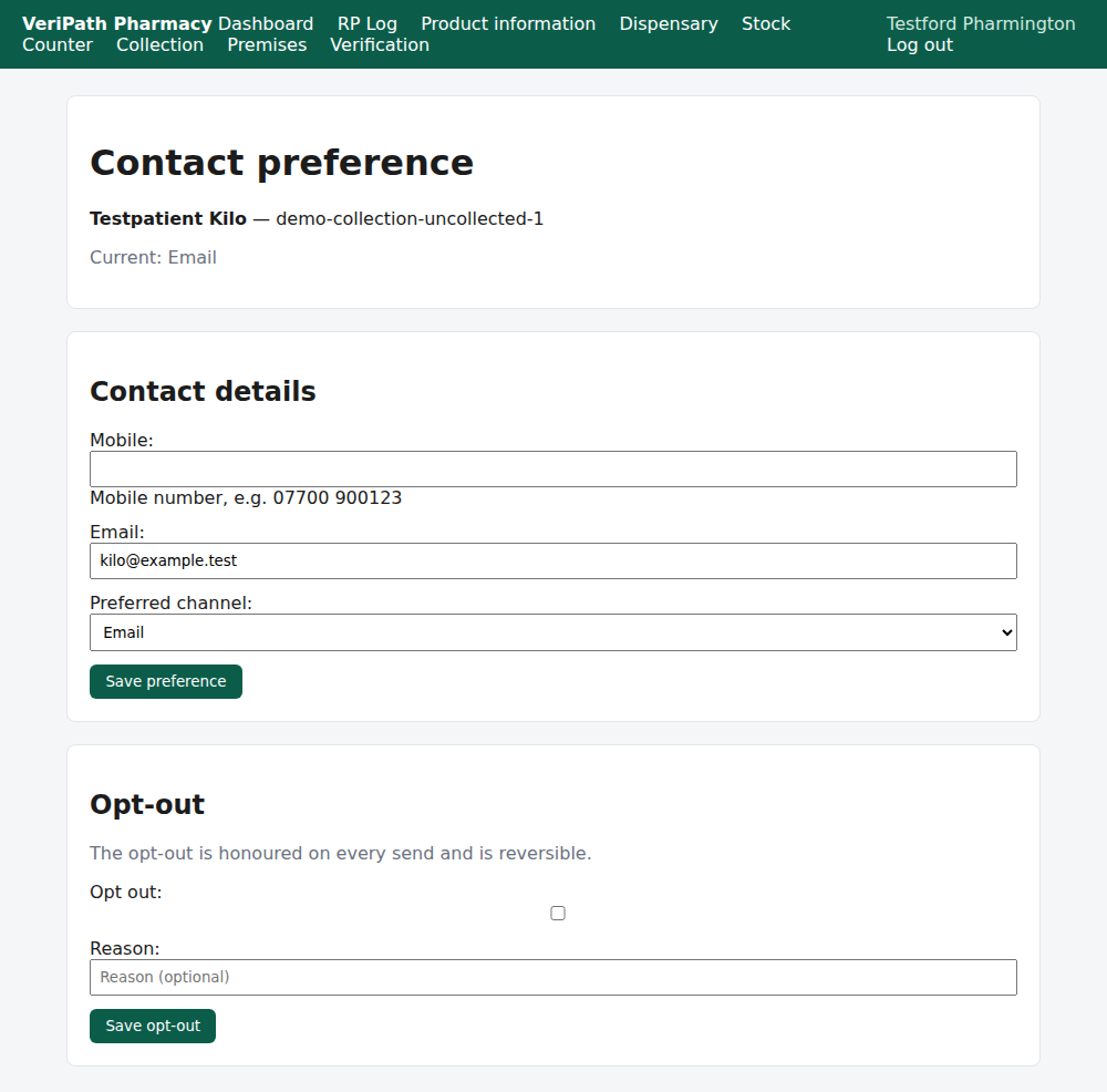 The contact preference screen