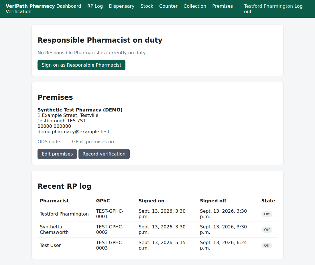 The dashboard with no Responsible Pharmacist on duty