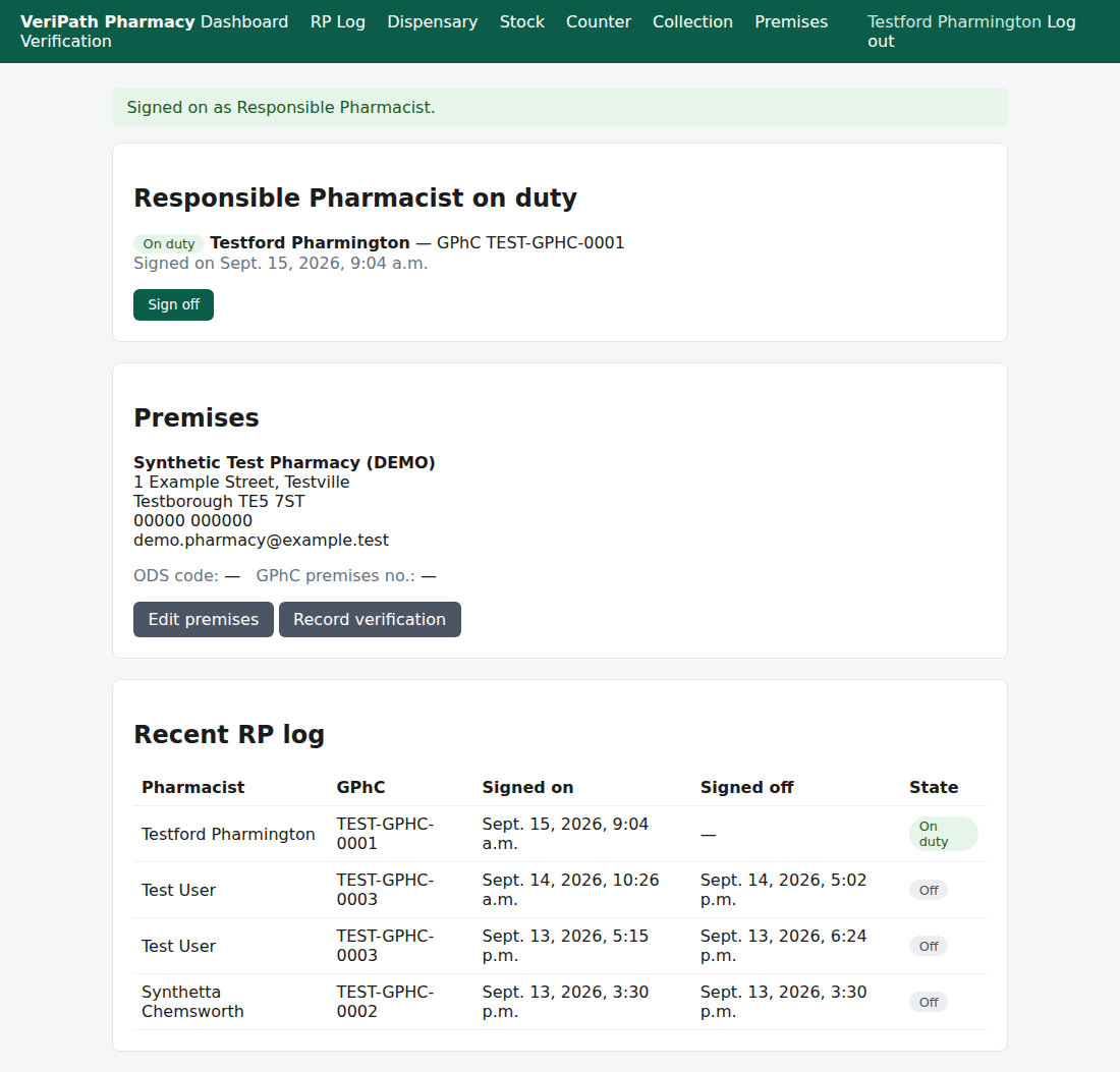 The dashboard with the Responsible Pharmacist on duty